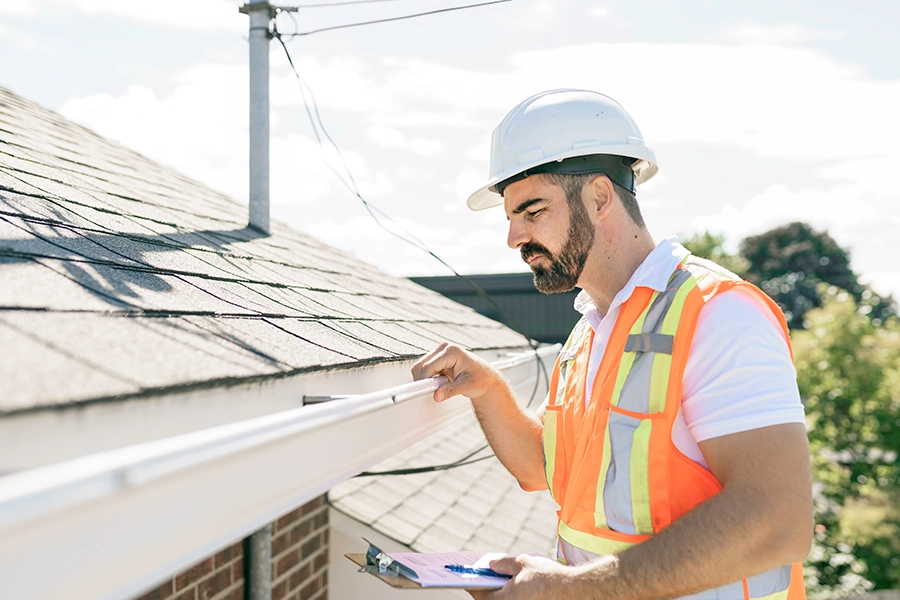 Roofing contractor inspecting the roof and gutters of a Central, IL home with a clipboard in his hand.