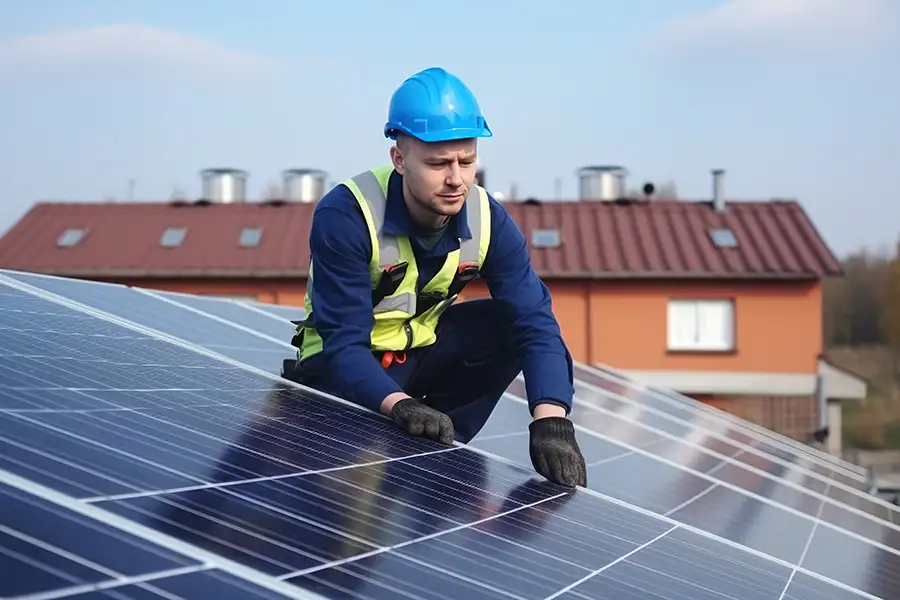 Roofer installing solar panels on top of a metal roof on a home in Central, IL.