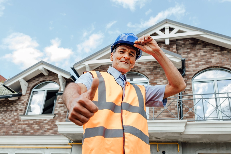 A professional roofer with a safety vest and hard hat preparing to inspect a roof for storm damage in Pana, IL.