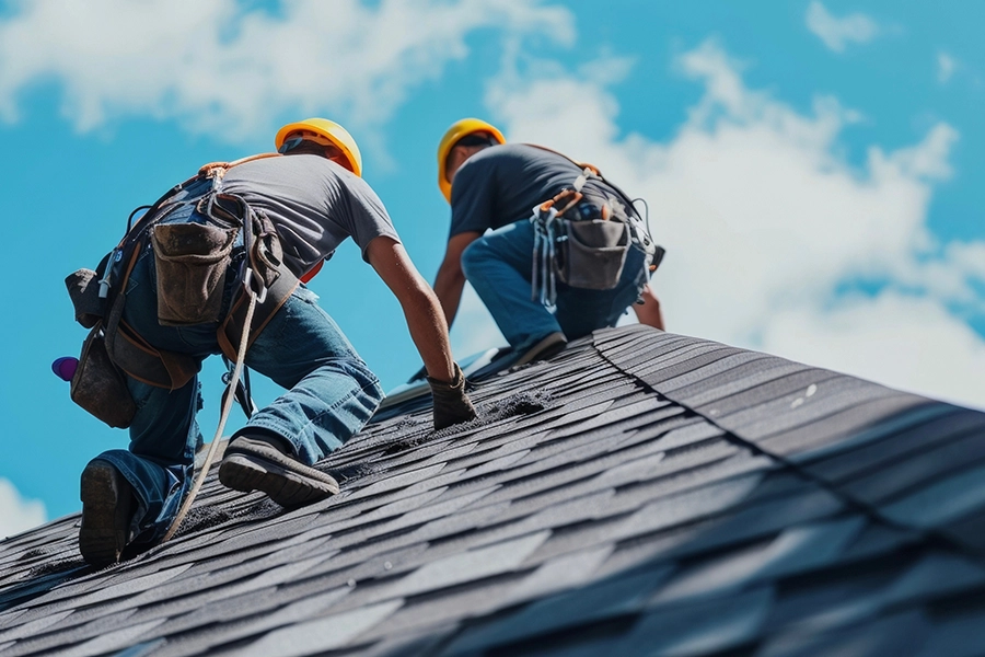 A team of professional roofers use safety precautions when installing top-quality materials to the roof of this Taylorville, IL home.