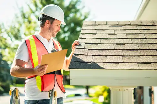 At Your Service Roofing – Roofer on a ladder holding a clipboard inspecting a roof on the home of a Shelbyville, IL resident.