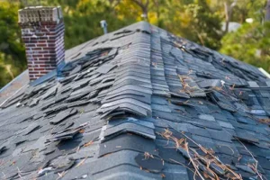 At Your Service Roofing—A home in Taylorville, IL that has damaged shingles on its roof.