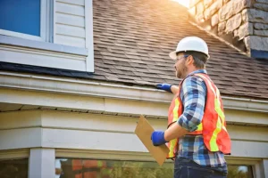 At Your Service Roofing—A man in a hard hat stands on a ladder, inspecting a residential roof in Shelbyville, IL.
