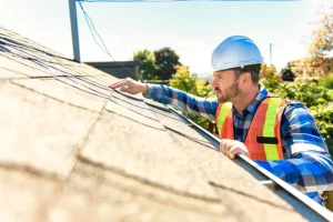 At Your Service Roofing—A roofer with a hard hat inspecting a roof for repairs in Taylorville, IL.