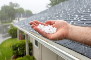 At Your Service Roofing—A man near his roof holds a handful of hailstones collected during a storm in Springfield, IL.