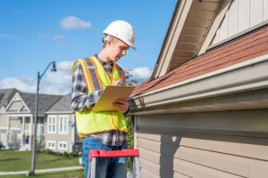 At Your Service Roofing—A roofing expert with a clipboard performing a roof inspection at a home in Pana, IL.