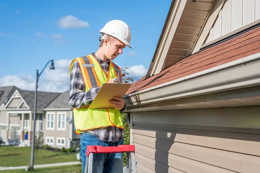 At Your Service Roofing—A roofing expert with a clipboard performing a roof inspection at a home in Pana, IL.