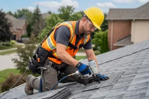 At Your Service Roofing—A professional roofer carefully installs new shingles on a residential home in Taylorville, IL.