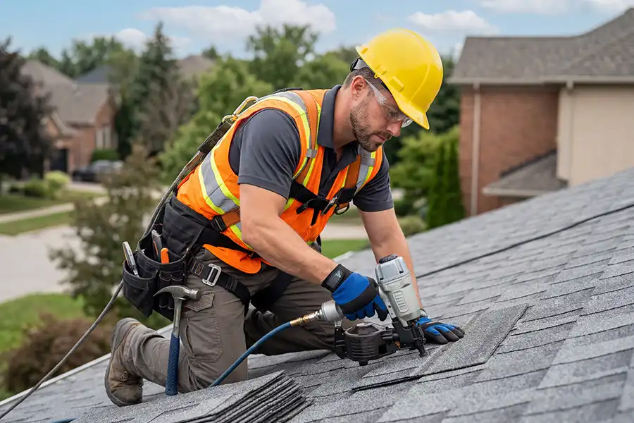 At Your Service Roofing—A professional roofer carefully installs new shingles on a residential home in Taylorville, IL.