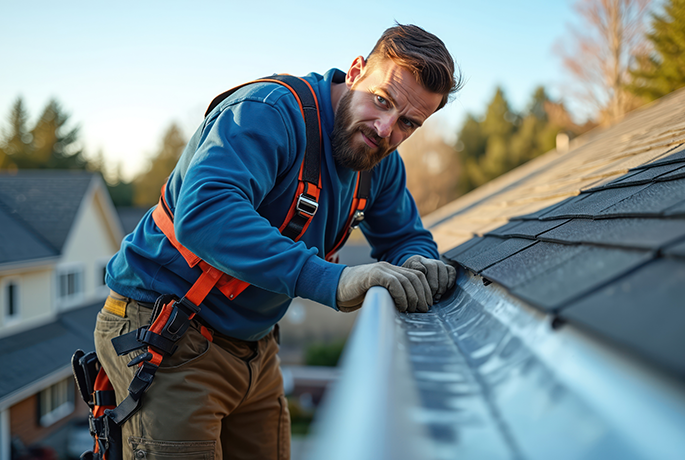 roofer installs metal gutters on residential house roof central il