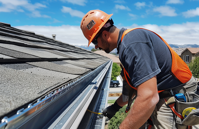 worker in hardhat and safety vest installing rain gutter system on residential house roof central il