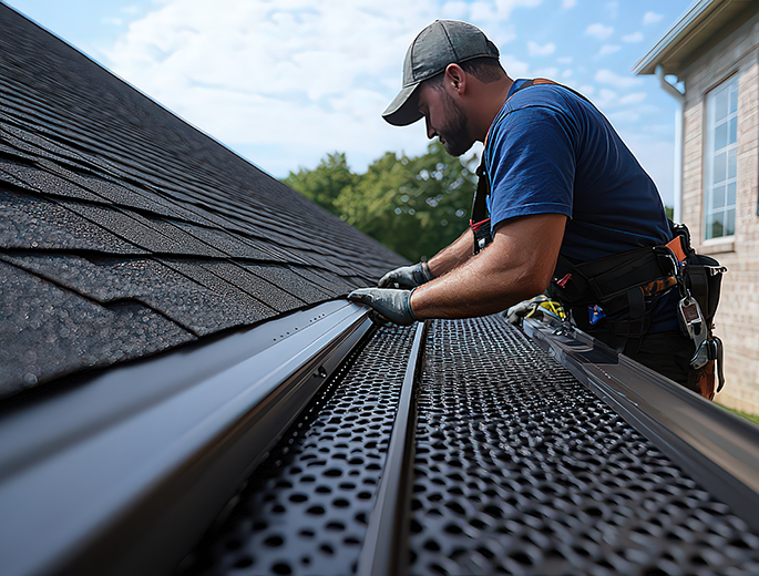 Workers installing seamless gutters on a newly renovated home central il