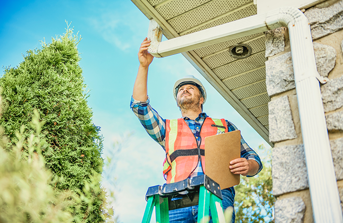 man with hard hat standing on steps inspecting house gutter central illinois