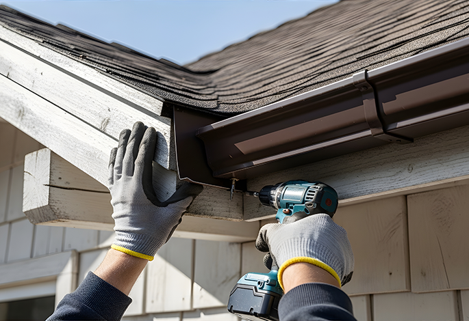 Man installing a gutter on a house roof using a power drill central il