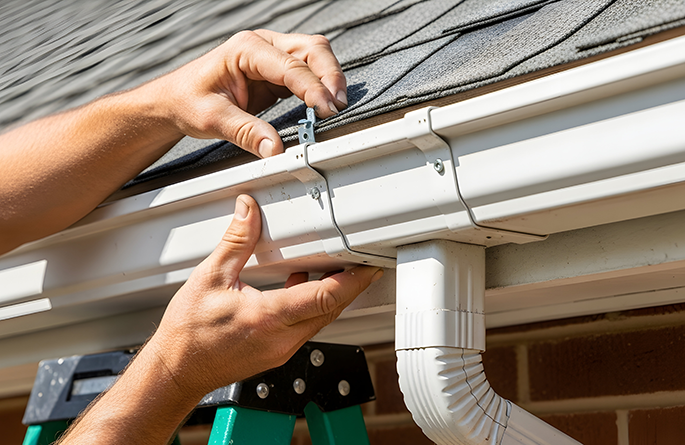 Worker Installing New Rain Gutter System on a Residential House Roof central illinois