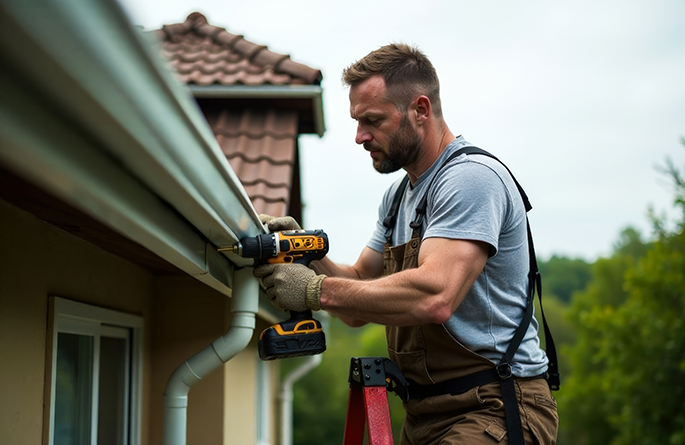 worker installing aluminum gutters on the edge of a house roof central il