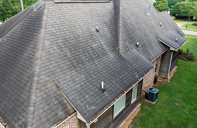 Roof with hail damage and markings from inspection central illinois
