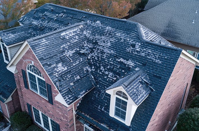 Roof with hail damage and inspection chalk markings central illinois