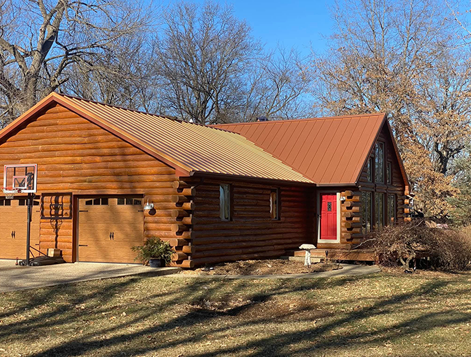 tan metal roof installed on cabin home in central illinois
