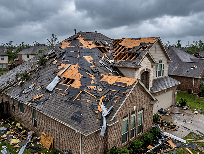 Residential house with severe roof damage after a tornado storm with debris scattered in the yard central illinois